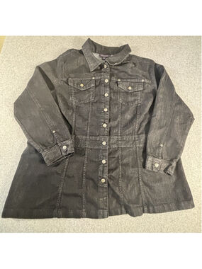 Roamans Womens Black Denim Jacket Size 24W Long Snap Front Stretch Plus Size